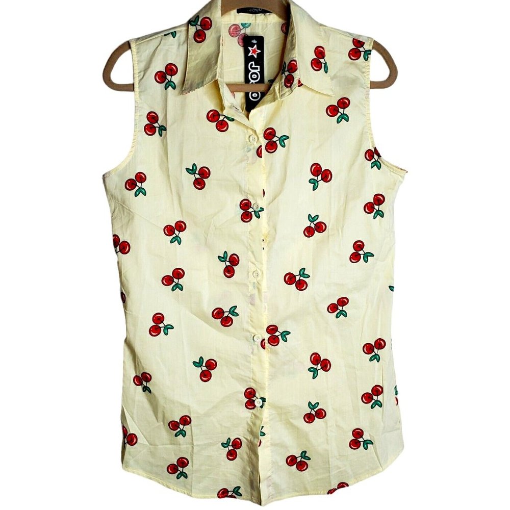Butter Yellow Cherry Print Sleeveless Button Front Top S Rockabilly Linen  L NWT